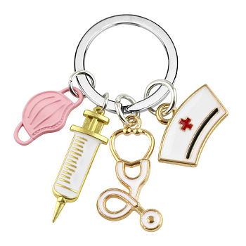 Mask & Nurse Cap & Injection Syringe & Stethoscope Enamel Pendant Keychain, Medical Theme Alloy Keychain, Pink, No Size