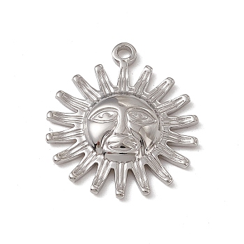 304 Stainless Steel Pendants, Sun with Human Face Charm, Stainless Steel Color, 23x19.5x3.5mm, Hole: 1.6mm