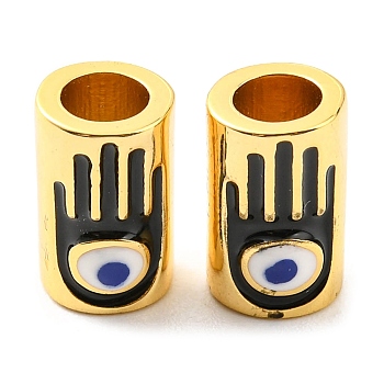 Brass Enamel Beads, Lead Free & Cadmium Free, Real 18K Gold Plated, Column with Hamsa Hand, Black, 9.5x6mm, Hole: 3.8mm