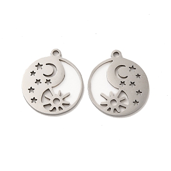 201 Stainless Steel Pendants, Flat Round with Moon/Star/Sun, Stainless Steel Color, 17.5x15.5x1mm, Hole: 1.2mm