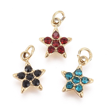 316 Surgical Stainless Steel Charms, with Rhinestone and Jump Rings, Star, Golden, Mixed Color, 8x6x1.3mm, Hole: 1.8mm
