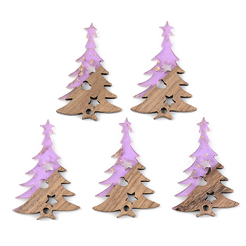 Transparent Resin & Walnut Wood Pendants, with Gold Foil, Christmas Tree, Lilac, 38x25x3mm, Hole: 2mm