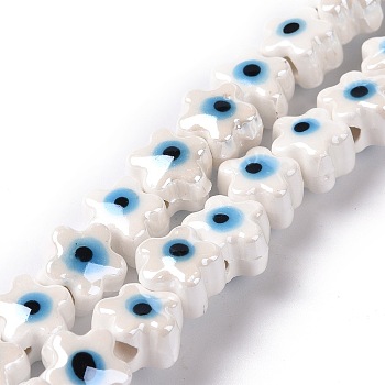 Handmade Porcelain Ceramic Beads Strands, Famille Rose Style, Star with Evil Eye, White, 10.5x11x8mm, Hole: 3mm, about 32pcs/strand, 11.89~12.13 inch(30.2~30.8cm)