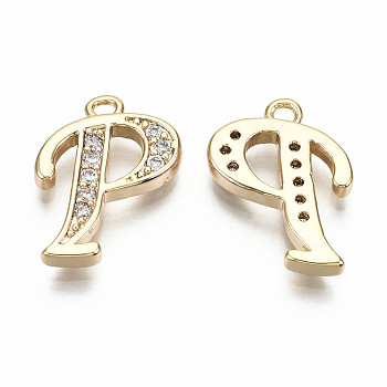 Brass Micro Pave Clear Cubic Zirconia Pendants, Nickel Free, Real 18K Gold Plated, Word, Letter.P, 15.5x12x2mm, Hole: 1.5mm