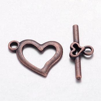 Alloy Toggle Clasps, Cadmium Free & Lead Free, Red Copper, Heart: 15x19mm, hole: 1.8mm, Bar: 22x9mm, Hole: 1.8mm.