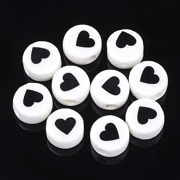 Handmade Porcelain Beads, Flat Round with Heart, Creamy White, 8~8.5x4.5mm, Hole: 2mm