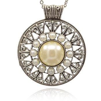 Antique Silver Alloy Necklace Large Pendants, with Acrylic Pearl Cabochons, Flat Round, Pale Goldenrod, 66x55x7mm, Hole: 7x9mm