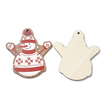 Single Face Christmas Printed Wood Big Pendants, Snowman Charms, Red, 54.5x49.5x2.5mm, Hole: 2mm