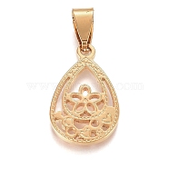 304 Stainless Steel Pendants, teardrop, with Flower, Golden, 22.5x14x1.5mm, Hole: 3.5x8.5mm(STAS-G210-03G)
