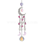 Glass Pendant Decoration, with Alloy Hollow Moon & Star Charm, for Home Decoration, Deep Pink, 265mm(HJEW-TA00087-02)