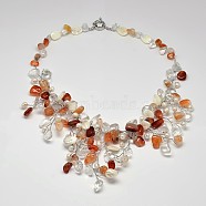 Natural Gemstone Bib Statement Necklaces, with Pearl, Shell and Brass Spring Ring Clasps, Colorful, 19.6 inches(NJEW-P102-41)