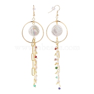 Chain Tassel Earrings, with Flat Round Natural Baroque Pearl Keshi Pearl Beads, Glass Beads, Plastic Beads, Ear Nuts, Brass Earring Hooks & Paperclip Chains, Colorful, Golden, 110mm, Pin: 0.8mm(EJEW-JE05780-02)