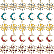 30Pcs 5 Style Alloy Enamel Pendants, with Crystal Rhinestone, Light Gold, Sun & Moon with Star, Mixed Color, 20~24x16~18.5x2.5~3mm, Hole: 1.8~2mm, 6pcs/style(ENAM-BC0001-06)