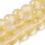 Frosted Spray Painted Glass Beads Strands, with Golden Foil, Round, Gold, 8~9mm, Hole: 1.2~1.5mm, about 46~56pcs/Strand, 14.37 inch~16.3 inch(36.5~41.4cm)(GLAA-N035-03C-C08)