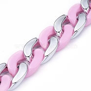Handmade Curb Chains, Cuban Link Chains, with Opaque Spray Painted Acrylic Linking Rings and CCB Plastic Linking Rings, for Jewelry Making, Pearl Pink, Link: 30x21x6mm, 30x20x6mm, 39.37 inch(1m)/strand(AJEW-JB00603-02)