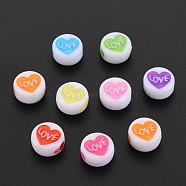 Craft Style Acrylic Beads, Flat Round with Heart & Word Love, Mixed Color, 9.5x5mm, Hole: 2mm, about 1230pcs/500g(MACR-S308-11)