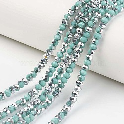 Electroplate Opaque Glass Beads Strands, Half Silver Plated, Faceted, Rondelle, Light Sea Green, 4x3mm, Hole: 0.4mm, about 130pcs/strand, 16.54 inch(42cm)(EGLA-A034-P4mm-M13)