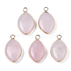 Natural Rose Quartz Pendants, with Golden Plated Brass Edge and Loop, Horse Eye, 25x14x5.5mm, Hole: 2.5mm(G-S359-318C)
