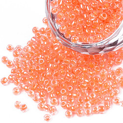 8/0 Glass Seed Beads, Transparent Inside Colours Luster, Round Hole, Round, Pale Violet Red, 3~4x2~3mm, Hole: 0.8mm, about 15000pcs/bag(SEED-A015-3mm-2211-01)