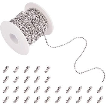 DIY Necklace Making, 304 Stainless Steel Ball Chains with Ball Chain Connectors, Stainless Steel Color, 2.5mm, about 20m/roll