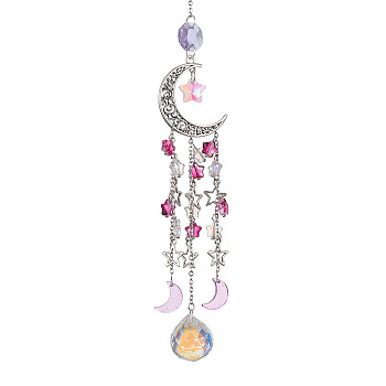 Glass Pendant Decoration, with Alloy Hollow Moon & Star Charm, for Home Decoration, Deep Pink, 265mm