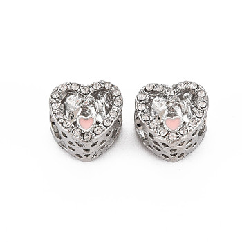 Rack Plating Alloy European Beads, with Crystal Rhinestone & Pink Enamel, Large Hole Beads, Cadmium Free & Nickel Free & Lead Free, Heart with Hands, Platinum, 11x12x8.5mm, Hole: 5mm