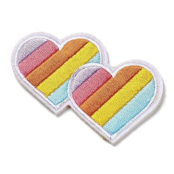 Double Heart with Rainbow Stripe Appliques, Computerized Embroidery Cloth Iron on/Sew on Patches, Costume Accessories, Colorful, 56x68x1mm