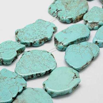 Natural Magnesite Beads Strands, Flat Slab Beads, Dyed, Nuggets, Dark Turquoise, 41~50.5x26.5~35.5x5~8mm, Hole: 1mm, about 9pcs/strand, 6strands/1000g, 14.9 inch