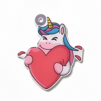 Cartoon Opaque Acrylic Pendants, Heart Unicorns Charm, Colorful, 42x36x2mm, Hole: 2.5mm