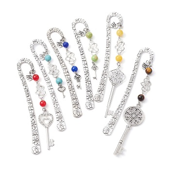 Mother's Day Key & Infinity Love Heart Pendant Bookmark with Gemstone, Flower Pattern Tibetan Style Alloy Hook Bookmarks, 124~145x21x3mm, 1pc/style