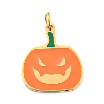 Halloween 304 Stainless Steel Charms, with Enamel and Jump Ring, Real 14K Gold Plated, Pumpkin Charm, Dark Orange, 14x12x1mm, Hole: 2.5mm