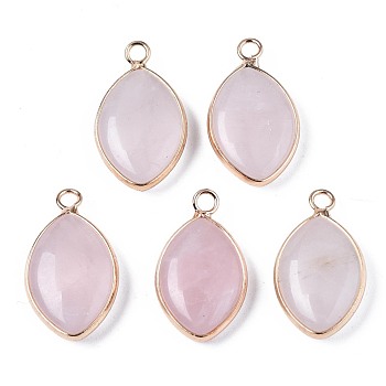 Natural Rose Quartz Pendants, with Golden Plated Brass Edge and Loop, Horse Eye, 25x14x5.5mm, Hole: 2.5mm