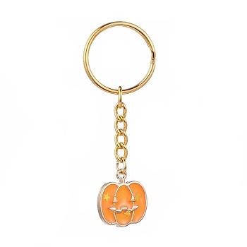 Halloween, Alloy Enamel Keychain, with Iron Key Clasp, Pumpkin Jack-O'-Lantern, Golden, Orange, 70mm
