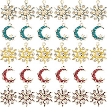 30Pcs 5 Style Alloy Enamel Pendants, with Crystal Rhinestone, Light Gold, Sun & Moon with Star, Mixed Color, 20~24x16~18.5x2.5~3mm, Hole: 1.8~2mm, 6pcs/style