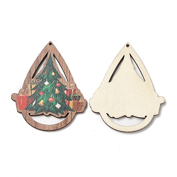 Single Face Christmas Printed Wood Big Pendants, Teardrop Charms with Christmas Tree, Green, 54x44.5x2.5mm, Hole: 1.8mm