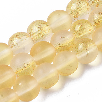 Frosted Spray Painted Glass Beads Strands, with Golden Foil, Round, Gold, 8~9mm, Hole: 1.2~1.5mm, about 46~56pcs/Strand, 14.37 inch~16.3 inch(36.5~41.4cm)