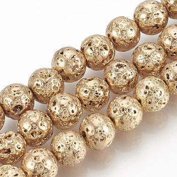 Electroplated Natural Lava Rock Beads Strands, Round, Bumpy, Light Gold Plated, 4~5mm, Hole: 1mm, about 89pcs/strand, 15.7 inch