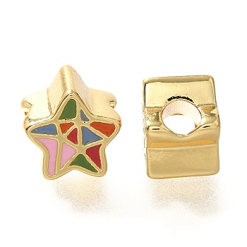 Star Rack Plating Brass Enamel Beads, Cadmium Free & Lead Free, Long-Lasting Plated, Real 18K Gold Plated, 9.5x9.5x7mm, Hole: 3mm