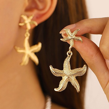 Starfish Alloy Dangle Stud Earrings for Women, Light Gold, 54x30.5mm