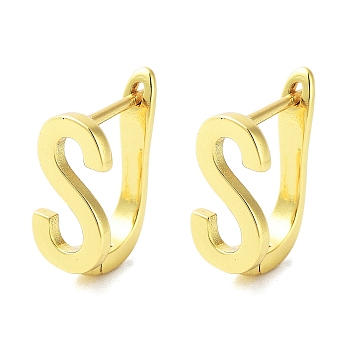 Brass Letter Stud Earrings for Women, Lead Free & Cadmium Free, Real 18K Gold Plated, Letter S, 15.5x7mm