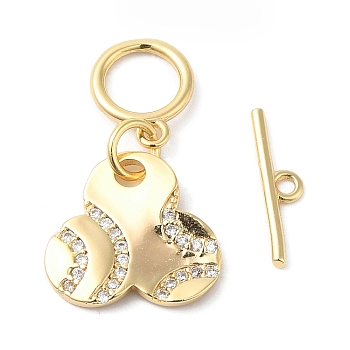Brass Micro Pave Clear Cubic Zirconia Toggle Clasps, Flower, Real 18K Gold Plated, Pendant: 13x13.5x1.7mm, Hole: 6mm, Bar: 13.5x3x1mm, Hole: 1.4mm