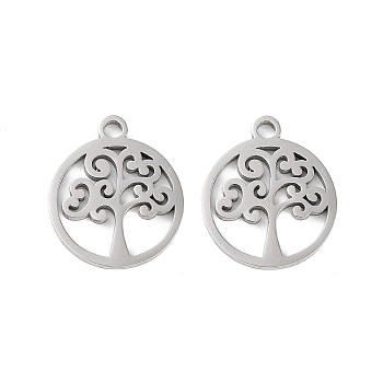 316 Surgical Stainless Steel Charms, Laser Cut, Flat Round Charm, Stainless Steel Color, Tree of Life, 14.5x12.5x1mm, Hole: 1.5mm