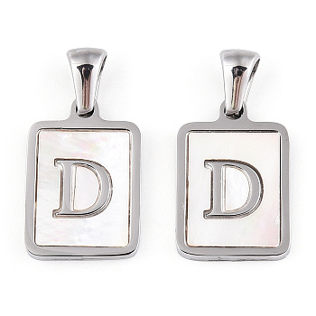 304 Stainless Steel Pave Shell Pendants, Rectangle Charm, Stainless Steel Color, Letter D, 17.5x12x1.5mm, Hole: 3x5mm