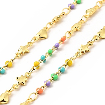 Brass Heart and Star Link Chains, with Enamel Beaded, Real 18K Gold Plated, Soldered, with Spools, Long-Lasting Plated, Colorful, 10x4.5x2mm, 9x4.5x2mm, 5.3x3x2mm