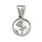 304 Stainless Steel Pendants, Flat Round with Rose Flower Medallion Charm, Stainless Steel Color, 18x15x2mm, Hole: 4x9mm(STAS-D225-13P)