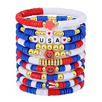 10Pcs Independence Day Theme Handmade Polymer Clay Beads Stretch Bracelets, with Golden Plated Stainless Steel Spacer Beads, Mixed Color, Inner Diameter: 2-1/8 inch(5.5cm), 10pcs/set(BJEW-SW01605)