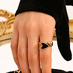 304 Stainless Steel Cuff Open Rings, Heart, with Acrylic, Real 18K Gold Plated, Black, 10mm, Inner Diameter: 17mm(RJEW-D353-02G-01)