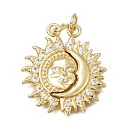Brass Micro Pave Clear Cubic Zirconia Pendants, Sun with Moon Charms, Real 18K Gold Plated, 24x26.5x3mm, Hole: 3mm(CU-CBA108A-11G)