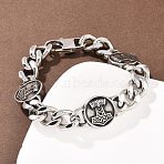 Stainless Steel Flat Round with Thor Hammer Mjolnir Link Bracelets, 304 Stainless Steel Links, 201 Stainless Steel Chain, Cuban Link Chain Bracelets, Antique Silver & Stainless Steel Color, 8-3/8 inch(21.4cm)(BJEW-D379-07ASP)