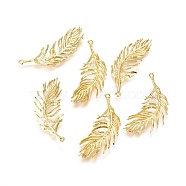 Brass Pendants, Feather, Real 18K Gold Plated, 37.5x12.5x1.5mm, Hole: 1.2mm(KK-L180-071G)
